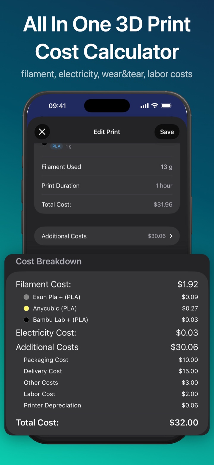 PrintMate cost calculator showing a detailed 3D print cost breakdown.