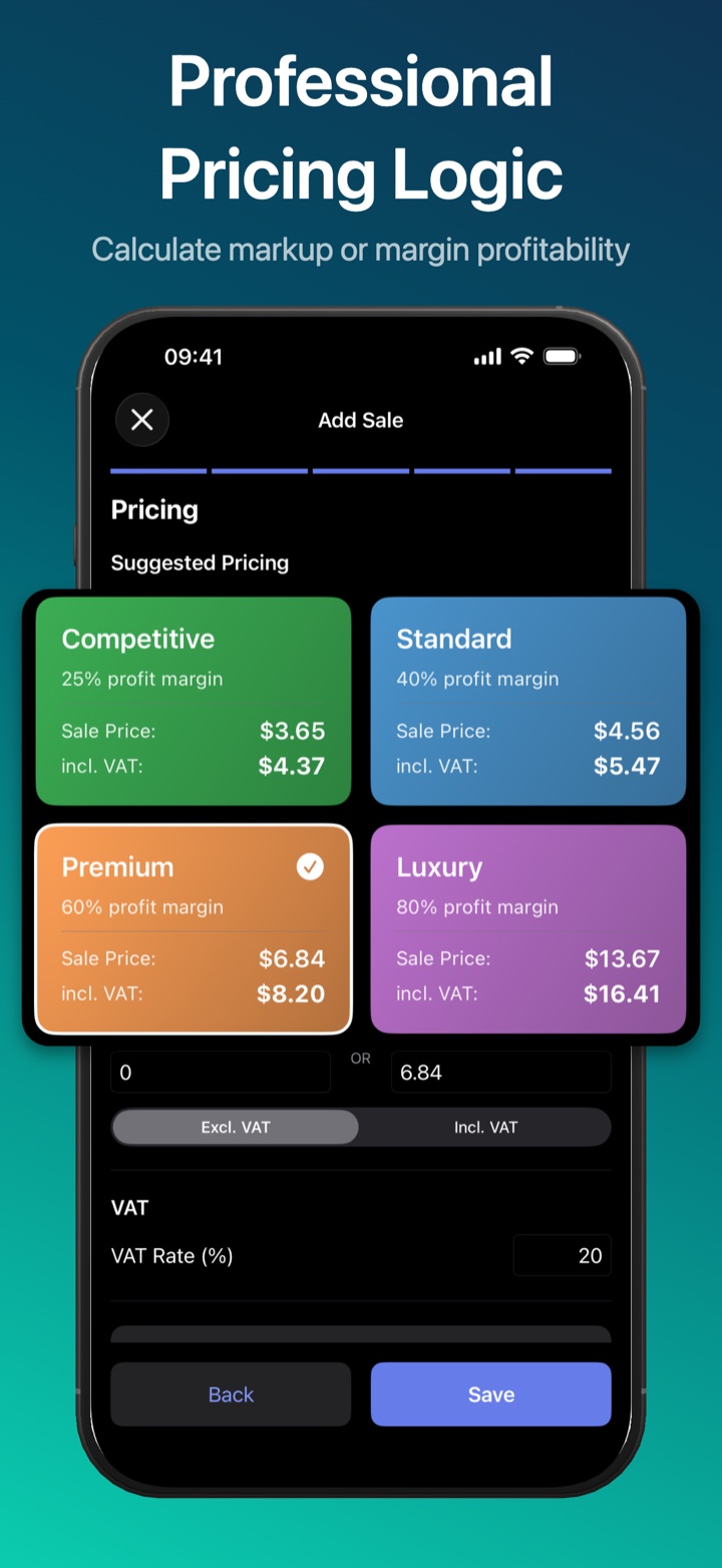 PrintMate pricing workflow showing profit margin presets and sale prices.